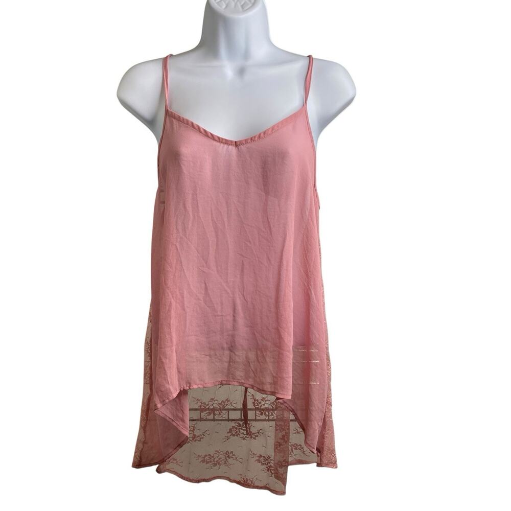 Misope Women's Pink Sheer Lace Slip Dress Size L Asymmetric Hem‎ Coquette Flirty